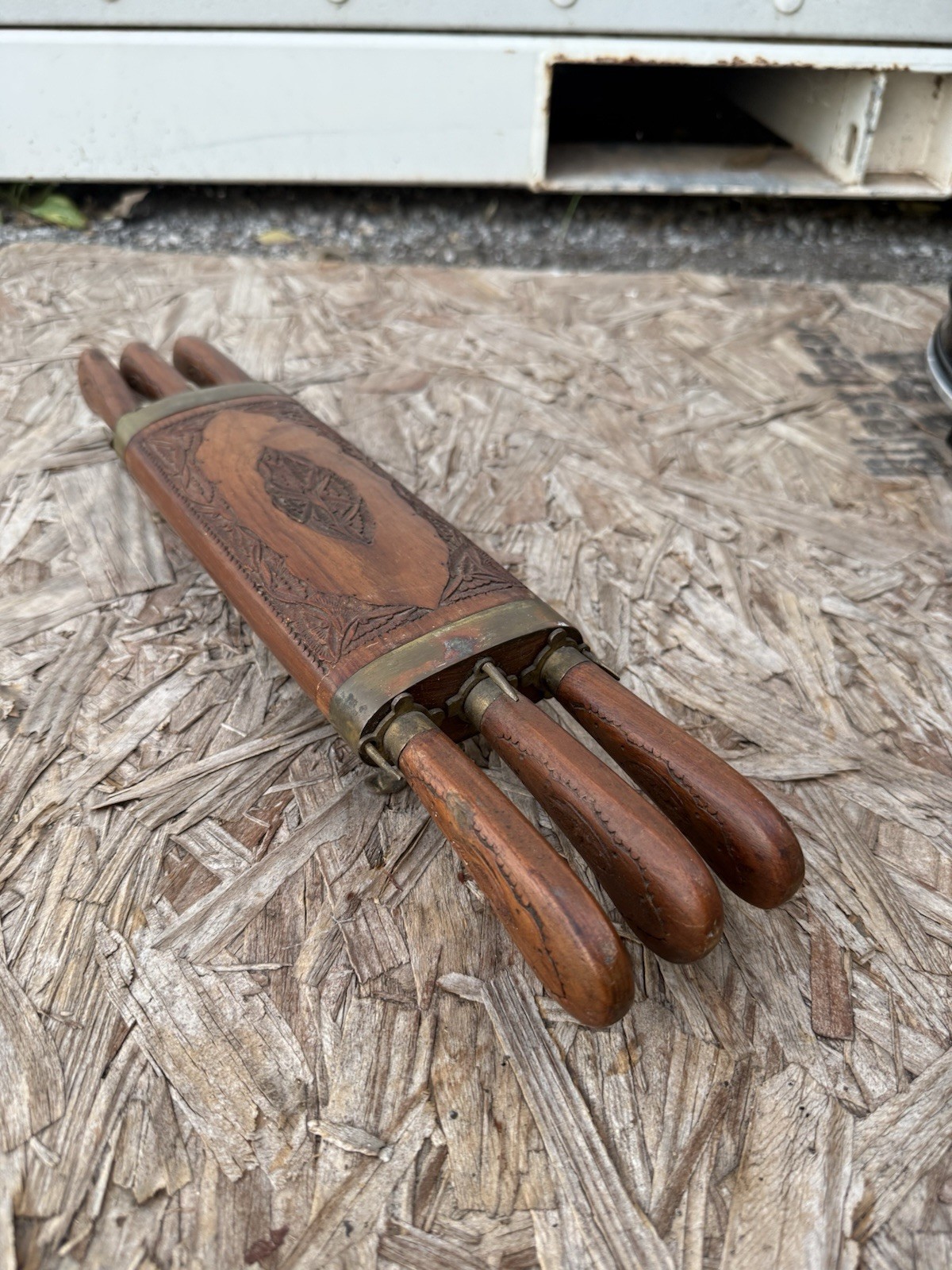Vintage Ornate Brass And Wood Hand Crafted Knife Block 6 Knifes Made In India