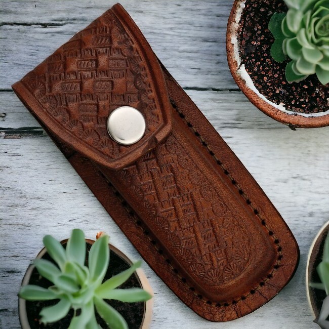 NEW Folding Knife Sheath Brown Woven Pattern Leather for 3.5 to 4″ Pocket Knives