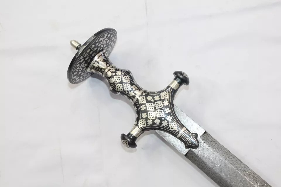 Straight sword religious sikh damascus steel blade silver wire work handle W706