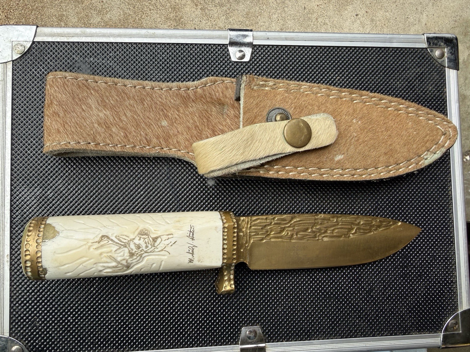 Michael J. Protes Signed series Hunting Knife Bone Handle Brass blade engraved