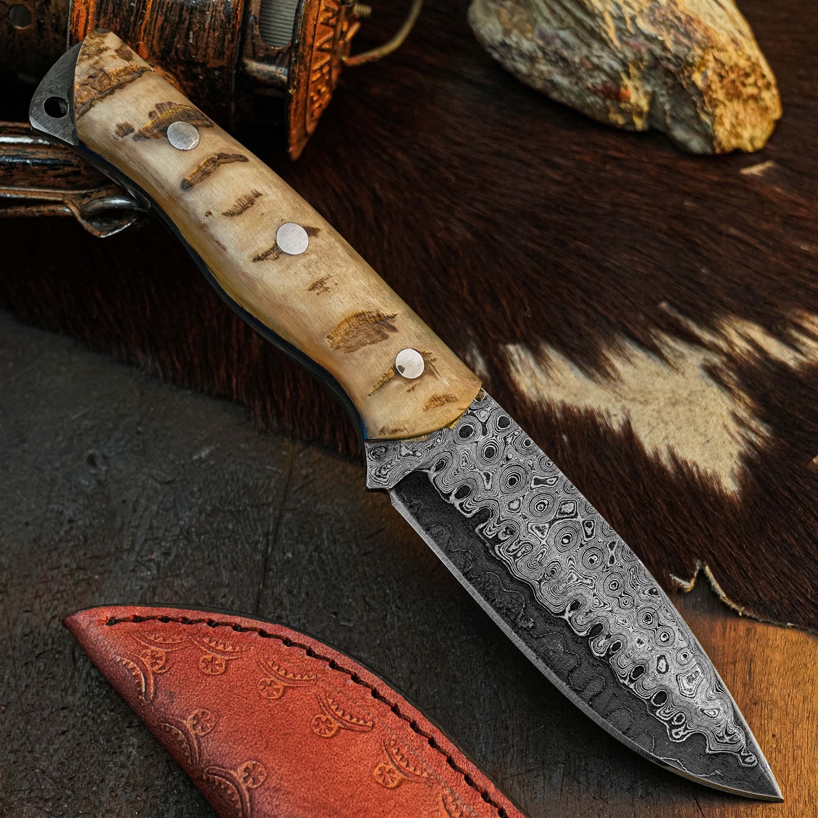 8.7″ Damascus Camping EDC Knife Full Tang Wood Handle Fix Blade + Sheath