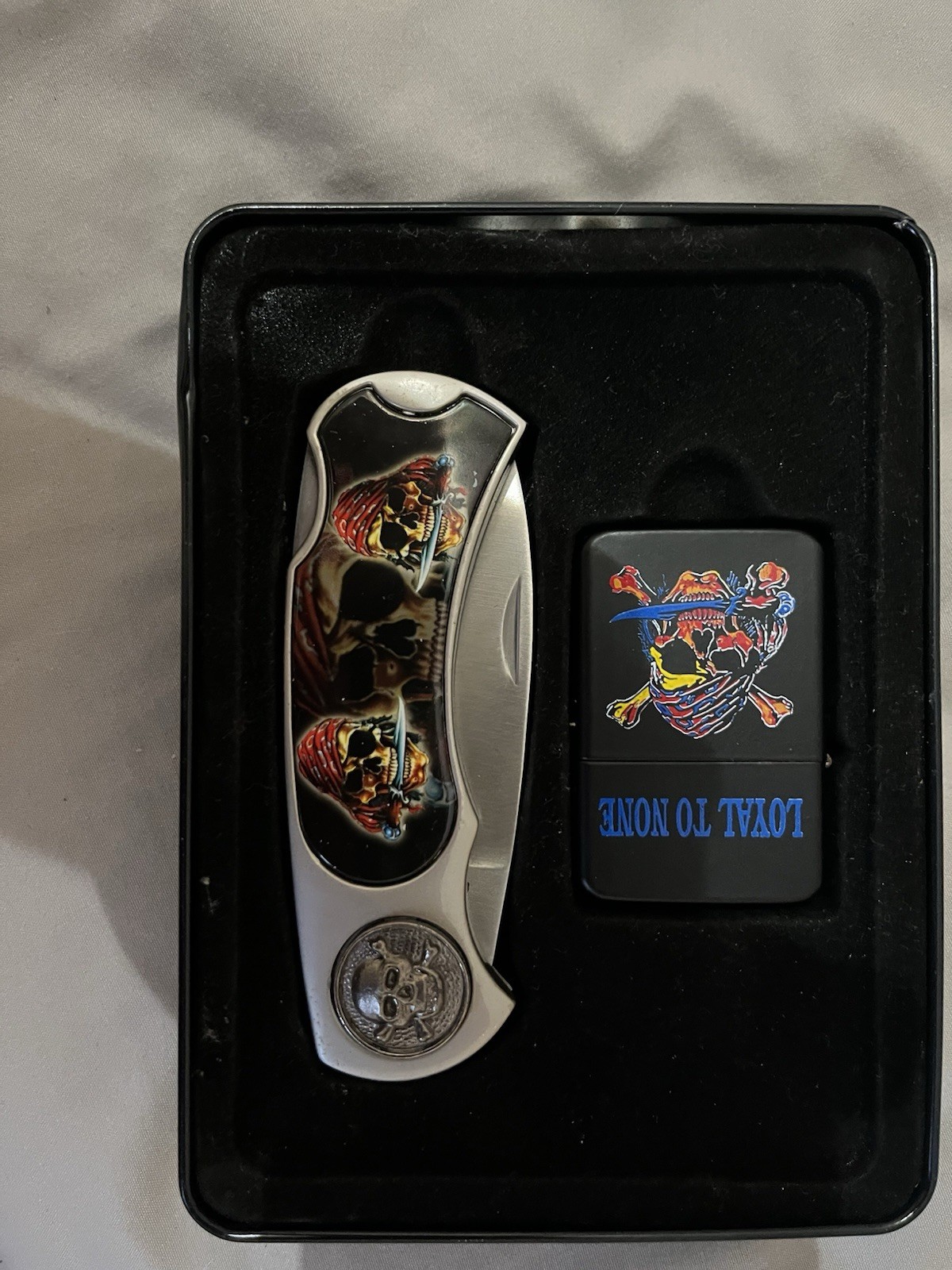 Loyal to None Skull Graphic pocket knife and matching zippo in case 🔥