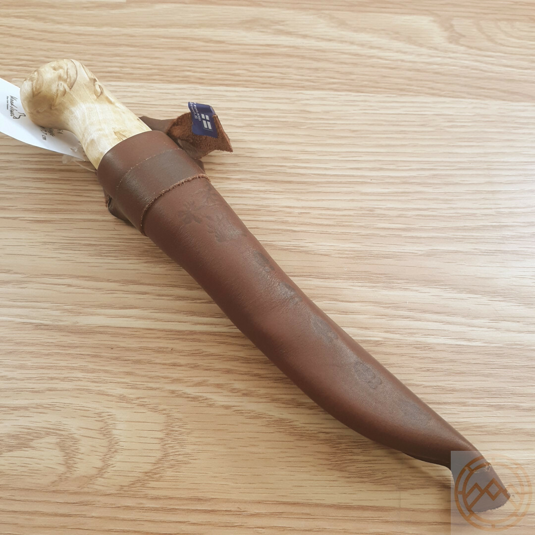 Wood Jewel Knife 3″ Carbon Steel Blade Curly Birch Handle w/Brown Leather Sheath