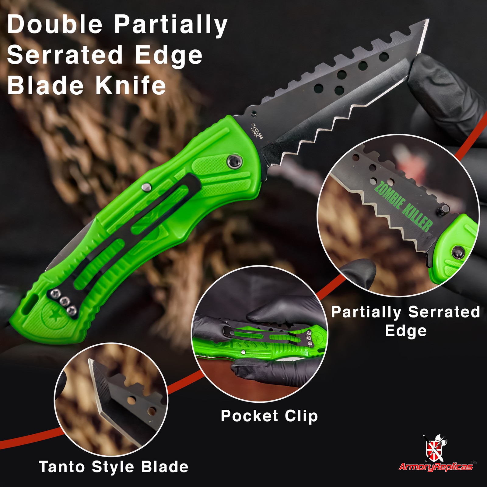 7.75″ Zombie Killer Tanto Blade Tactical Folding Pocket Knife w/ Belt Clip