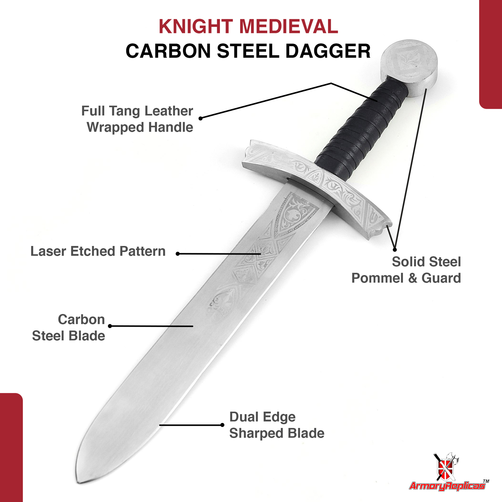 Collectible Medieval Dagger with Decorative Carbon Steel Blade w/ Scabbard