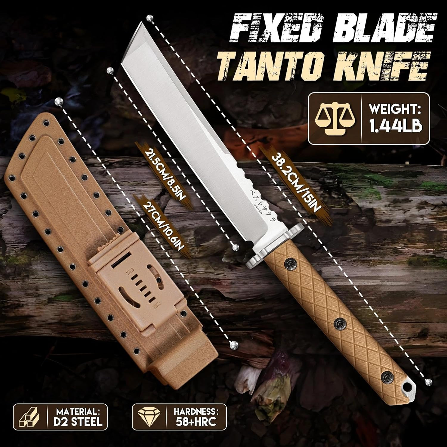 Purple Dragon Japanese Tanto Knife – D2 Steel Fixed Blade Knife with Sheath, Coo