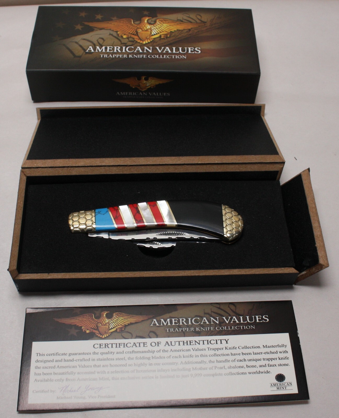 AMERICAN MINT AMRCN VALUES TRAPPER KNIFE MOTHER OF PEARL ABALENE NONE FAUX STONE
