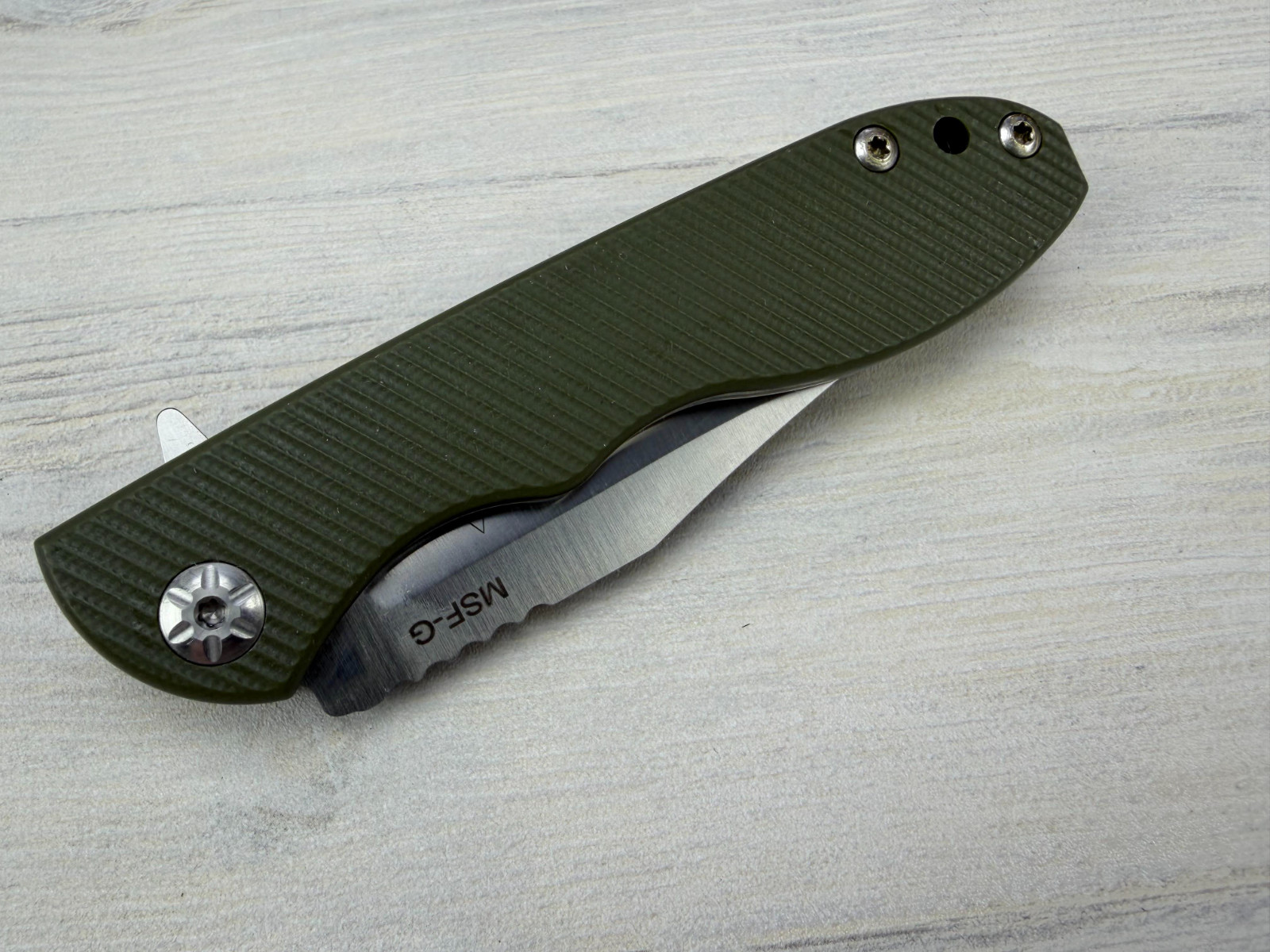 Tops Knives MSF-G Folding Knife – Elmax Steel Blade – Green G10 Handle – Maserin