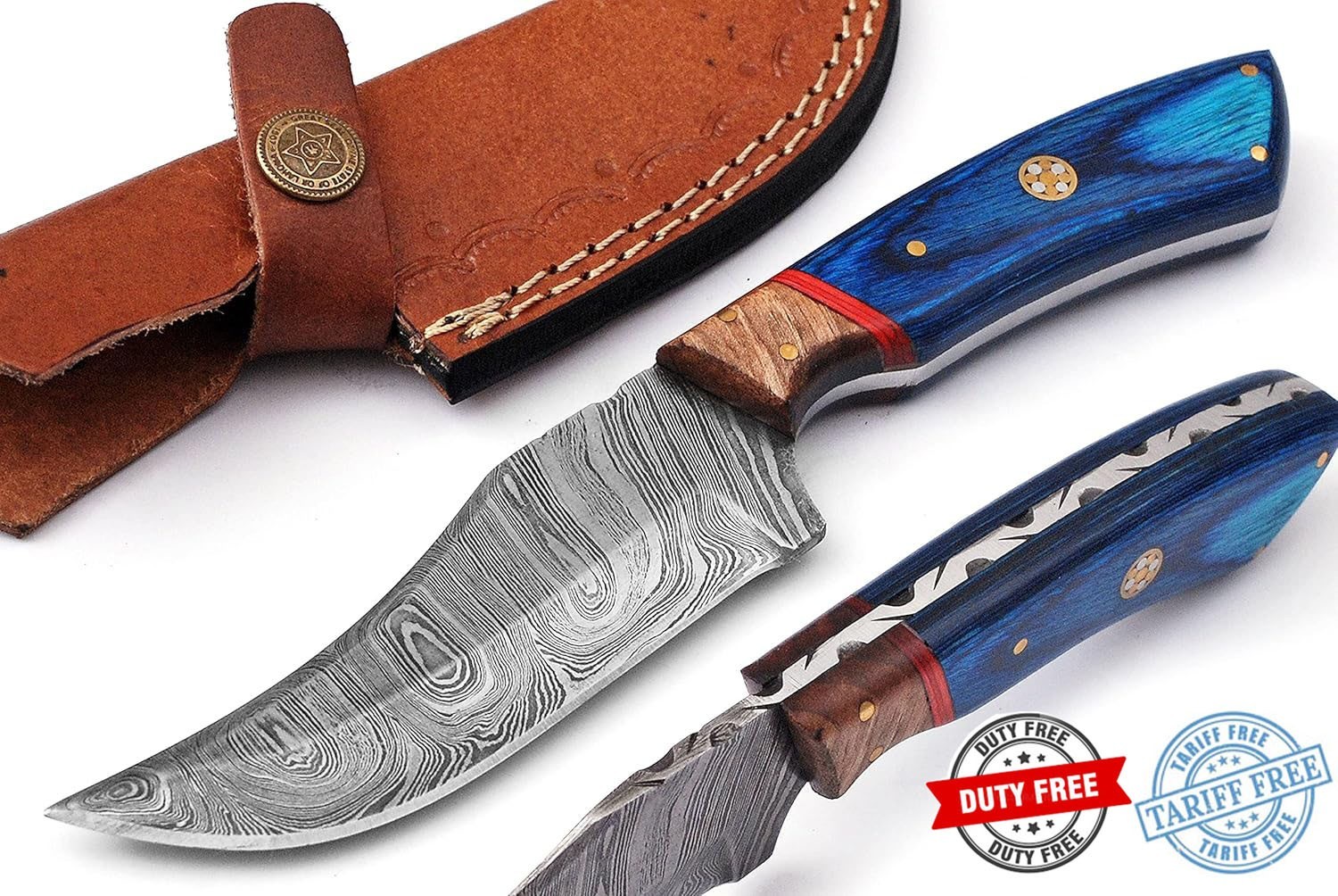 Handmade Damascus Steel Hunting Knife 9” – Full Tang Skinner w/ Leather Sheath