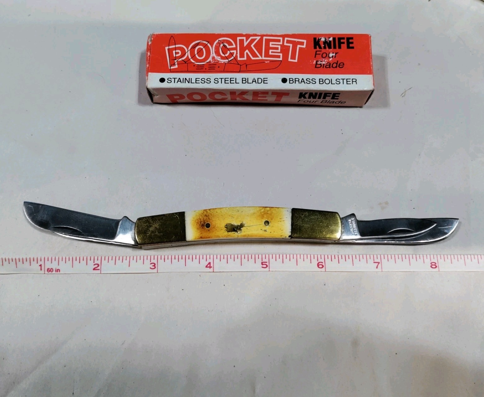 BONE HANDLED Pocket Knife – 4 Stainless Steel Blades Art NO 2038 In Box Pakistan