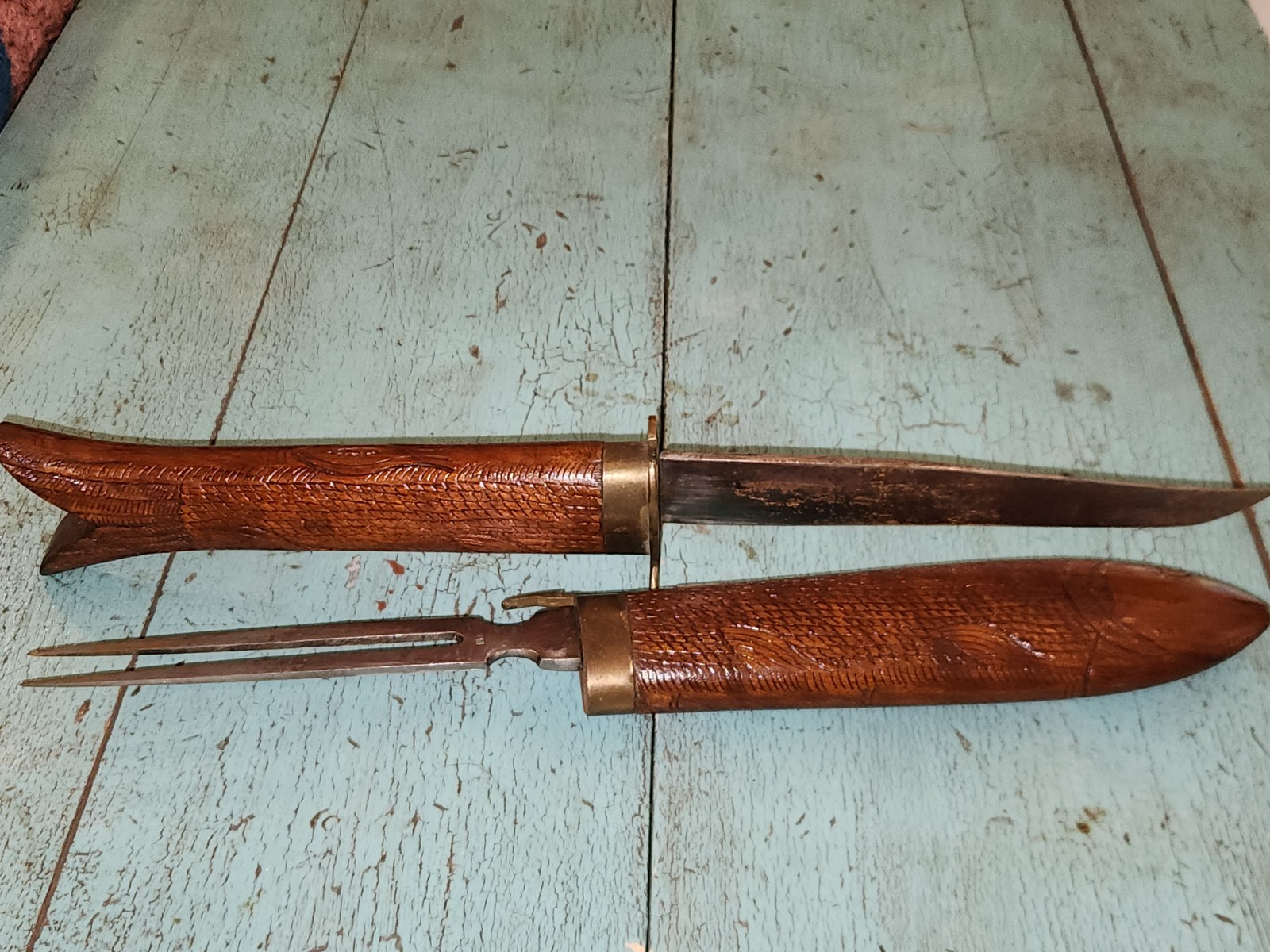 Carved Fish Knife Wood and Brass Vintage India