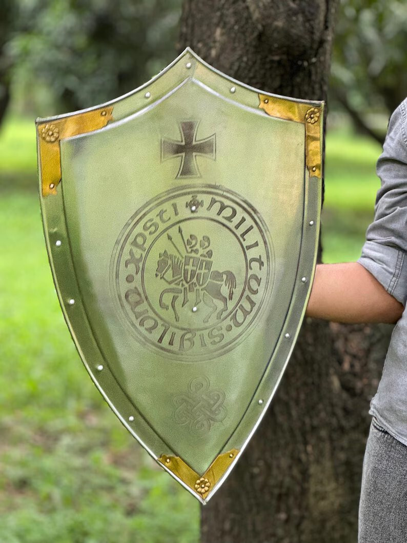 24» Templar Heater Shield a Knight’s Cross Design for LARP & Christmas Gift