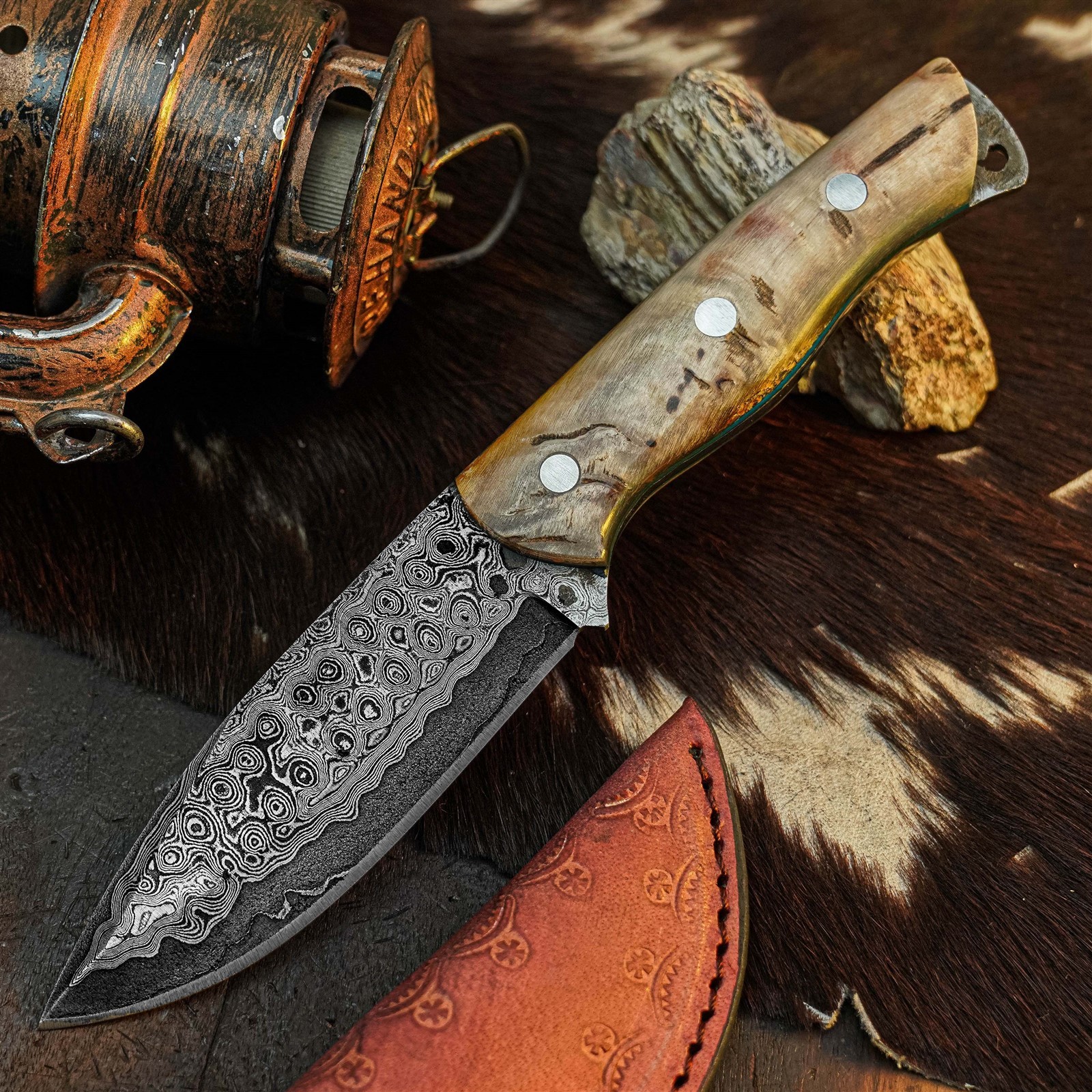 8.7″ Damascus Camping EDC Knife Full Tang Wood Handle Fix Blade + Sheath