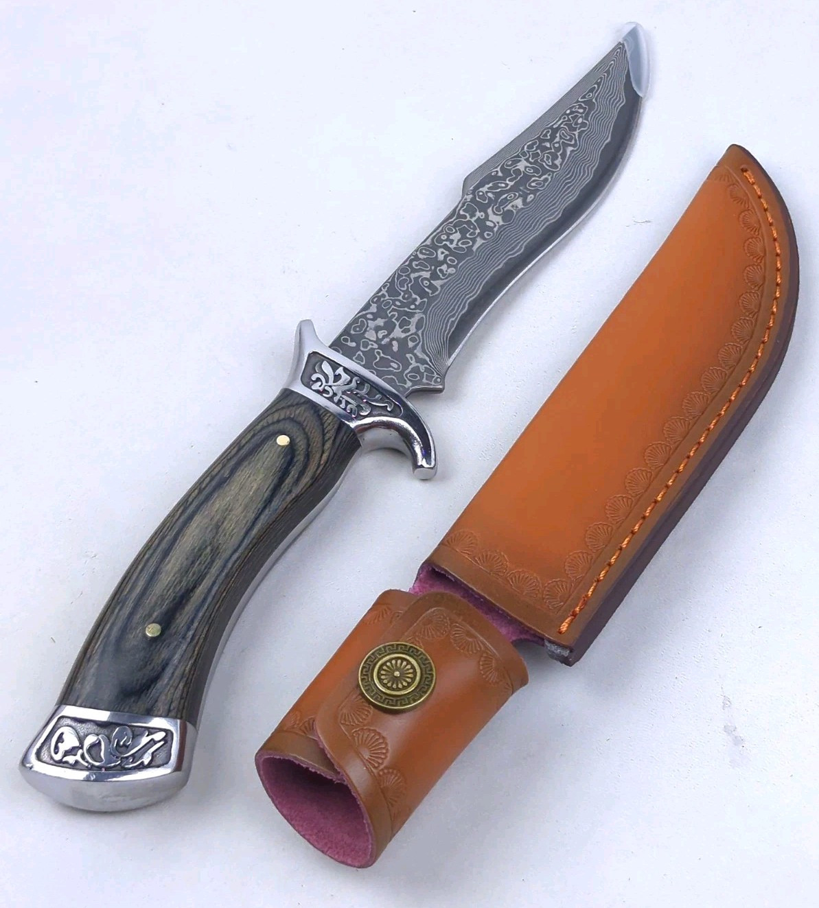 5.5-inch Hunting Knife w/ STAINLESS Laser-Etched DAMASCUS Blade & LEATHER Sheath