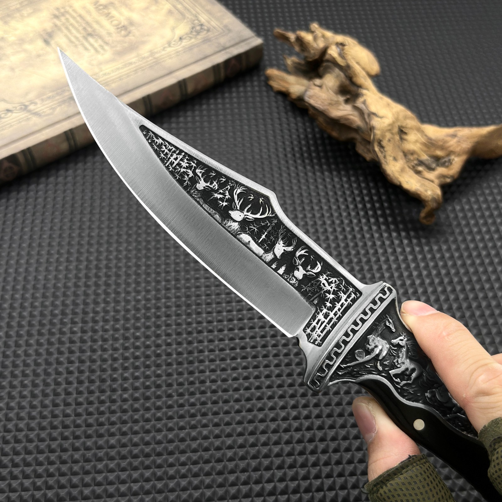 12Inch Fixed Blade Knife Comfort Grip Deer Embossed Design Nylon Sheath Included