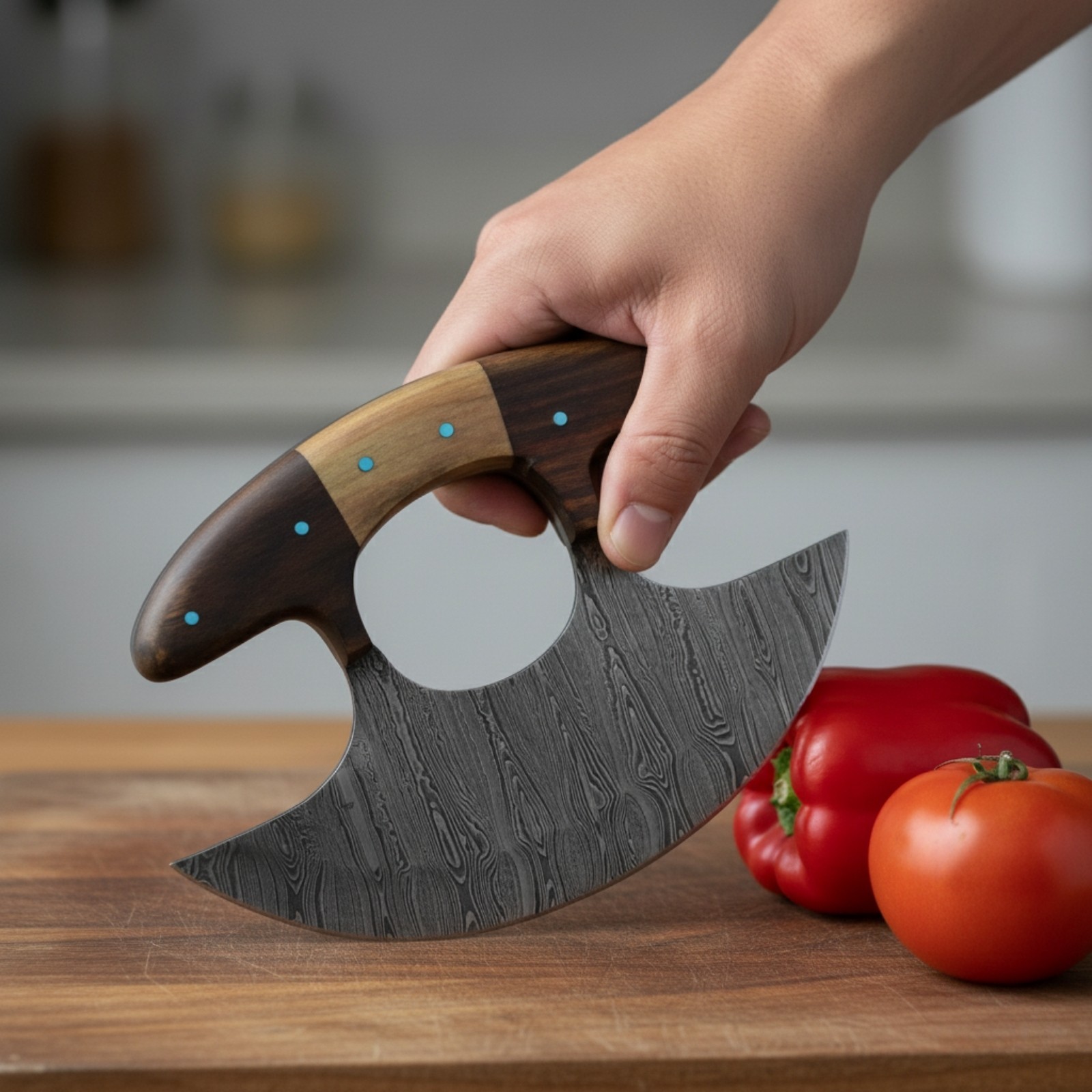 SHARD Handmade Damascus Steel Ulu Knife 5.5″ Chopper Exotic Wood Handle Sheath
