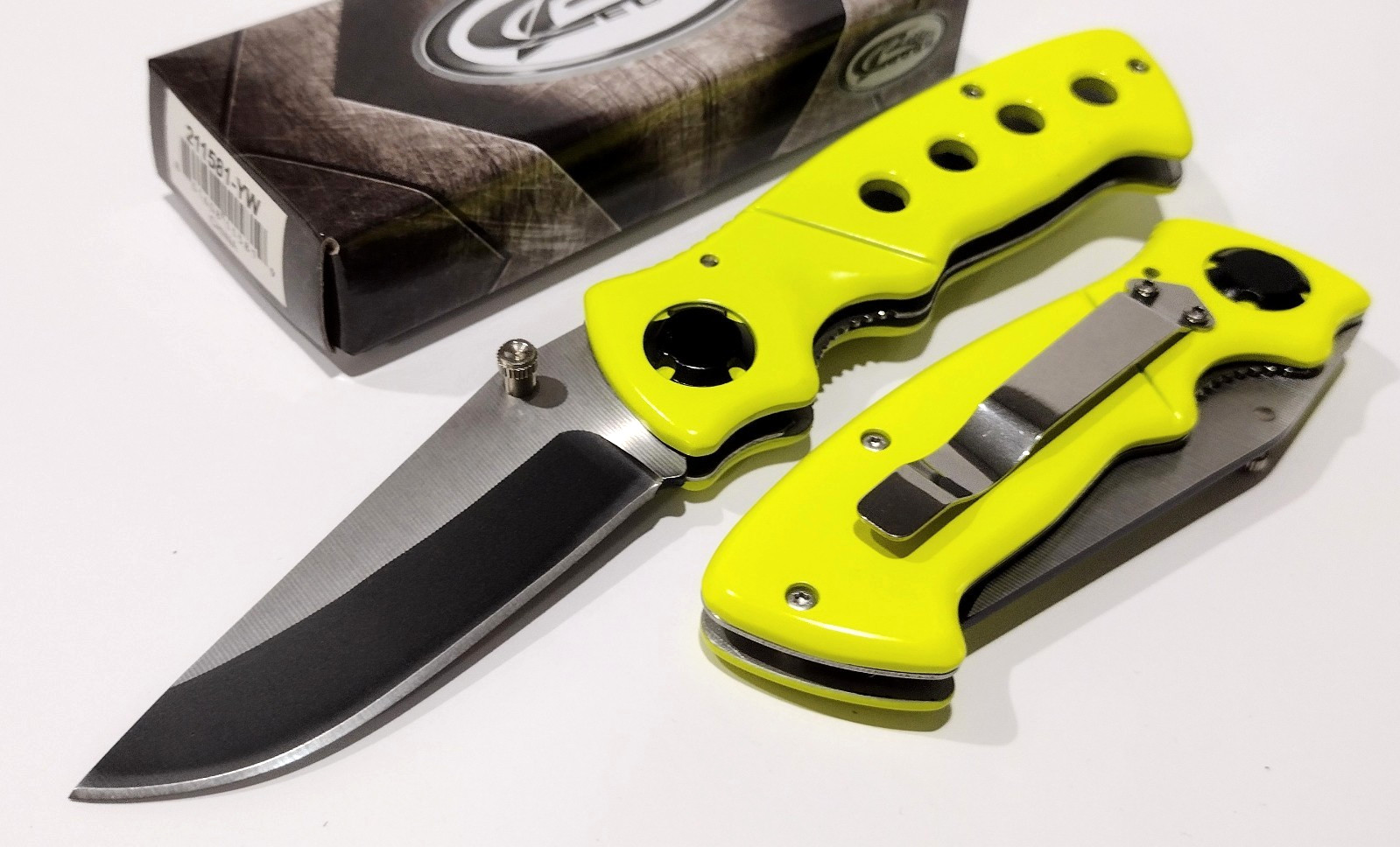 RITE-EDGE Hollow Neon Yellow Drop Point Blade Easy Open EDC Folding Pocket Knife