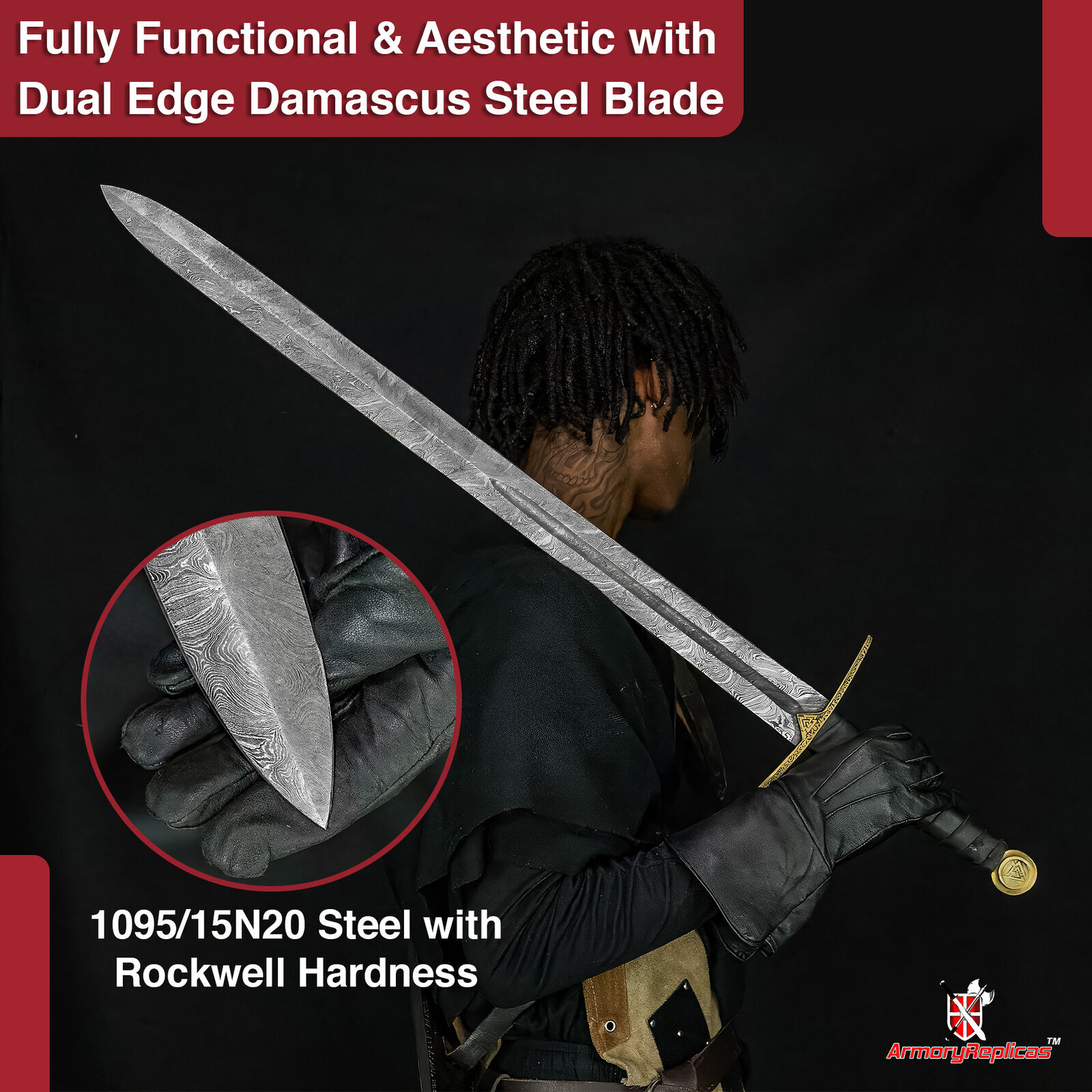 Einherjar Blade of Valhalla Damascus Steel Viking Long Sword Free Leather Sheath