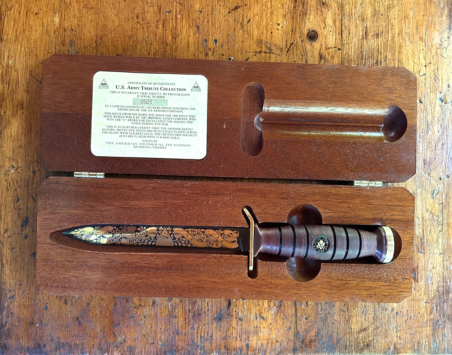 Imperial M3 Tribute Knife, U.S. Army #503 of 1,943 24k Ornate Gold Plated Blade