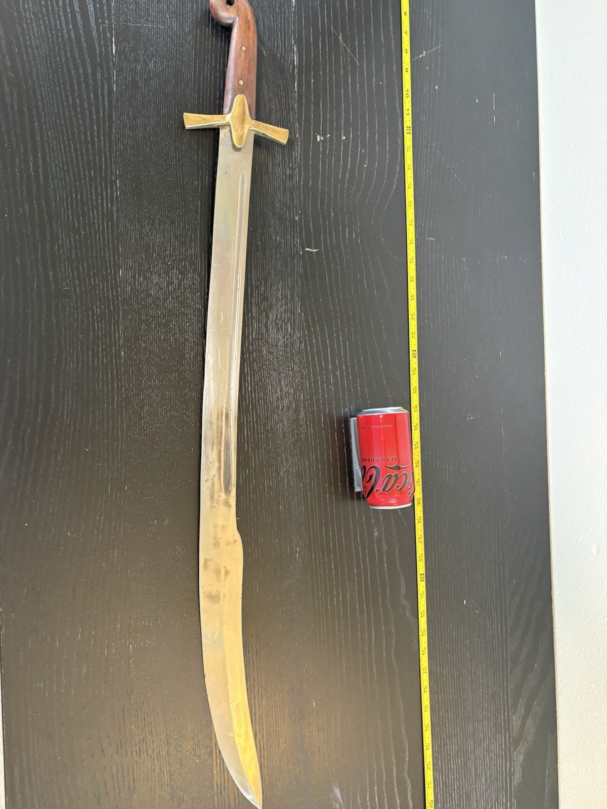 Fixed Blade Sword, Steel Silver Clip Point Plain Edge, Wood Handle, Full Tang