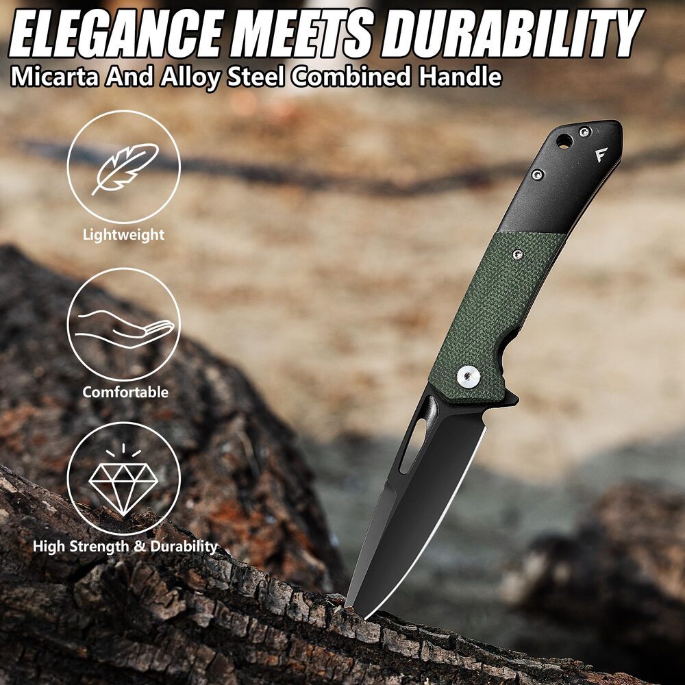 FLISSA Folding Pocket Knife SANDVIK 14C28N Blade Knife with Micarta-Steel Handle