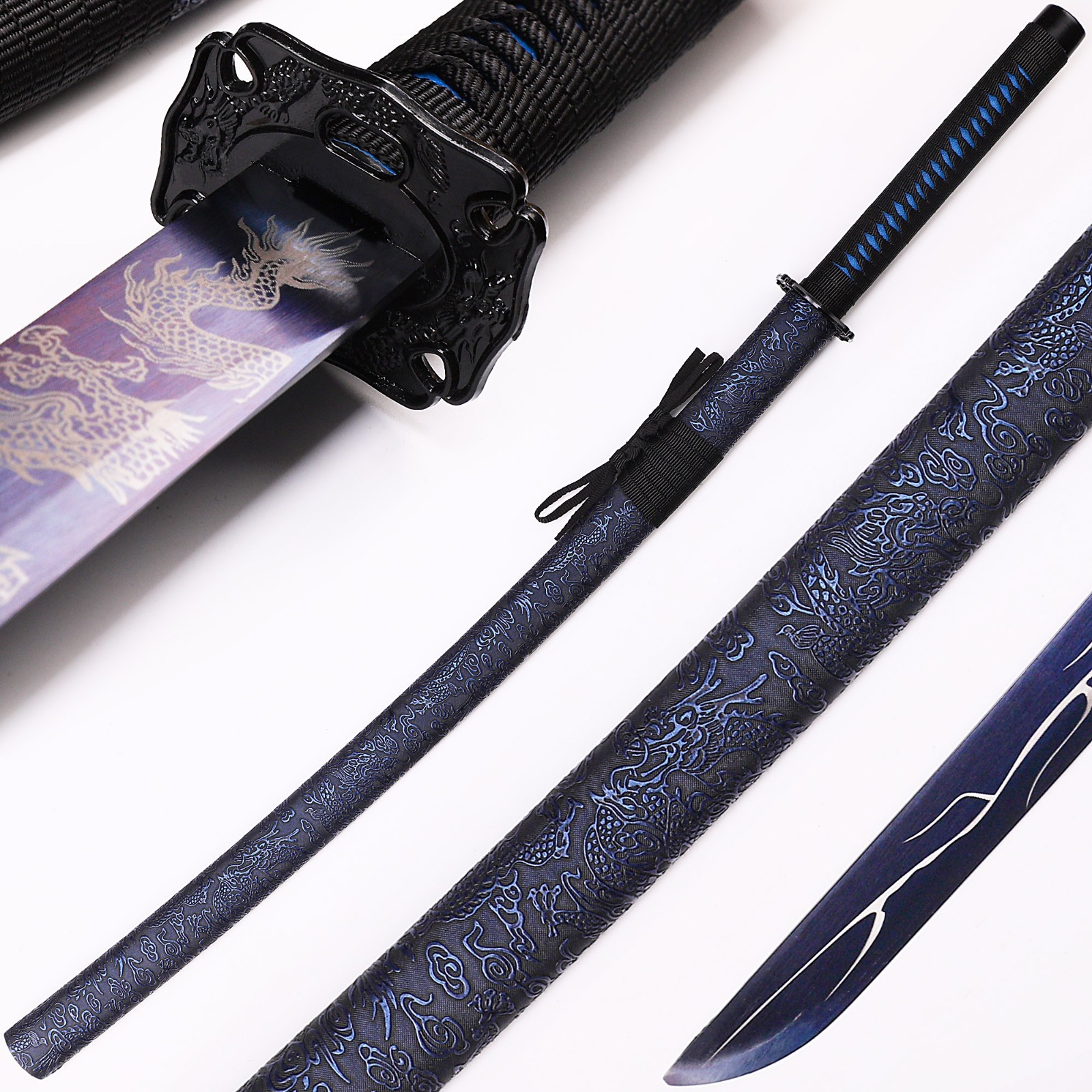 Black Scabbard Dragon Patterned Decorative Samurai Sword, 1095 High Carbon Steel