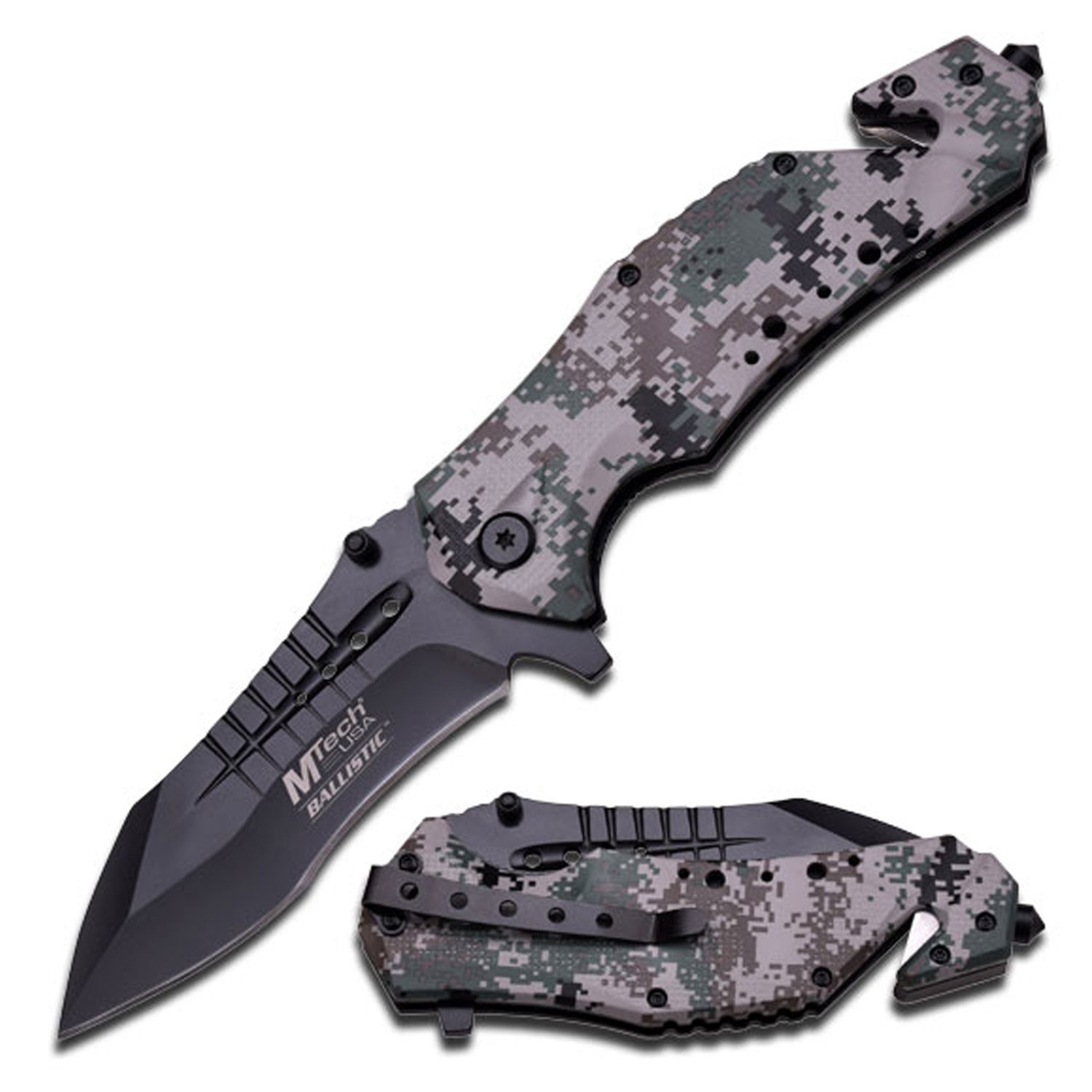 MTech Spring Assisted Knife w/Aluminum Handle-Cutter, Glass Breaker, Pocket Clip