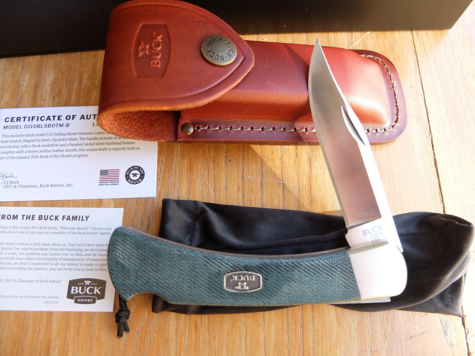 Buck 110 Bos Magnacut blade blue denim micarta folding hunter knife w COA BOTM