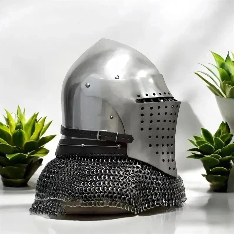 Medieval Knight Great Helm Helmet with Chainmail Aventail Crusader Armor Replica