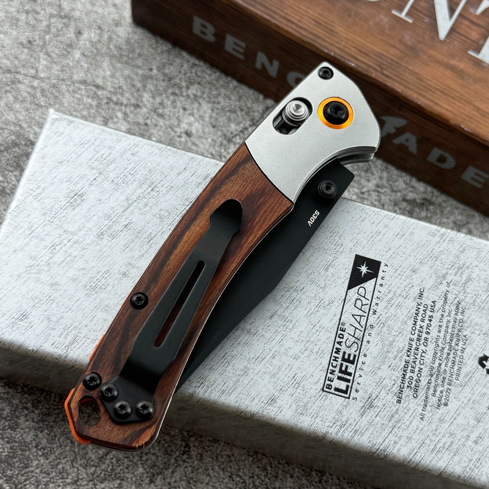 Benchmade 15085-2 Mini Crooked River Gray Aluminum Wood Clip-Point Folding Knife
