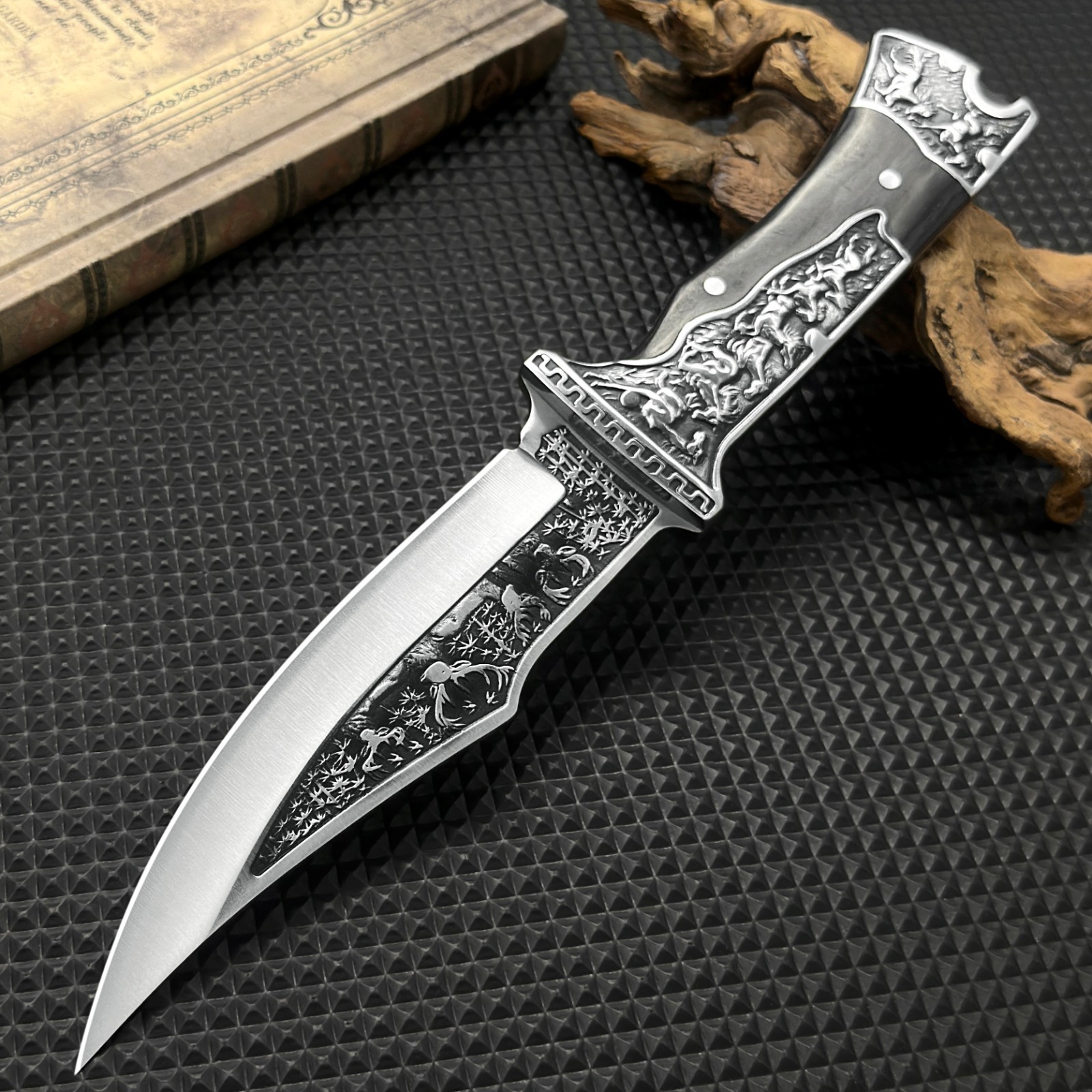 12Inch Fixed Blade Knife Comfort Grip Deer Embossed Design Nylon Sheath Included