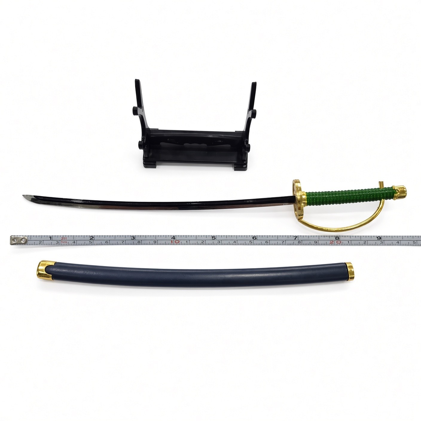 Mini Decorative Sword with Scabbard & Stand – Green Handle Gold Accents – ~9.5″