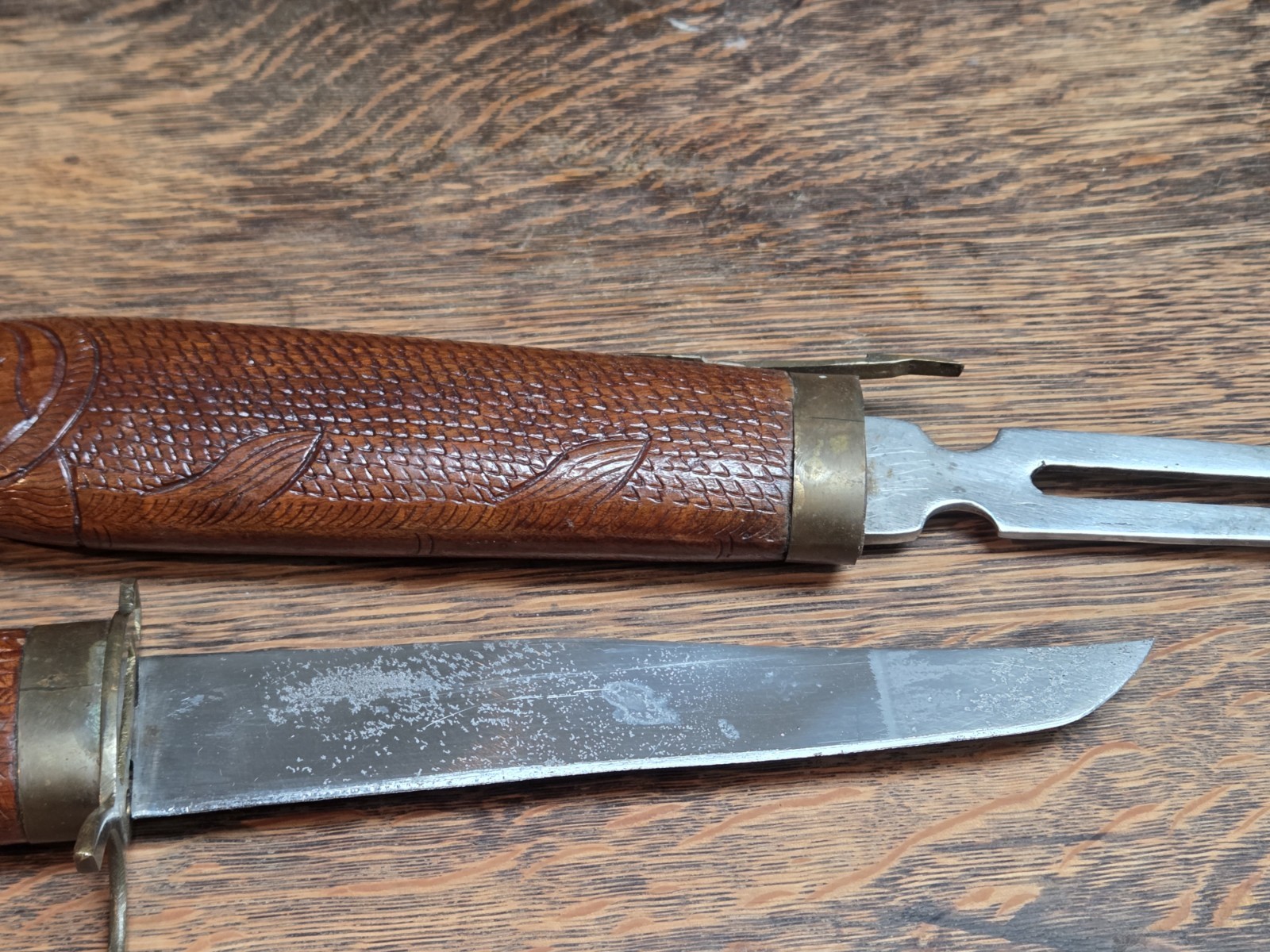 Carved Fish Knife Wood and Brass Vintage India