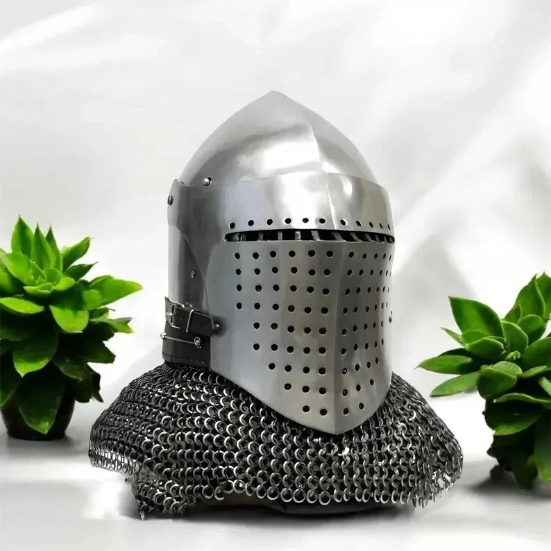 Medieval Knight Great Helm Helmet with Chainmail Aventail Crusader Armor Replica
