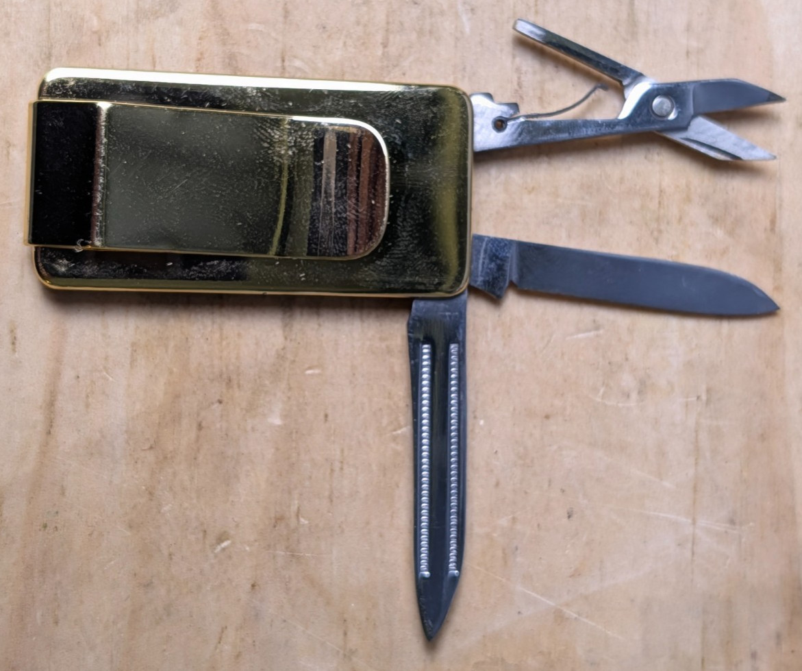 Vintage Colibri Sandstone Money Clip Pocket Knife Scissors Tools w/ Case JAPAN