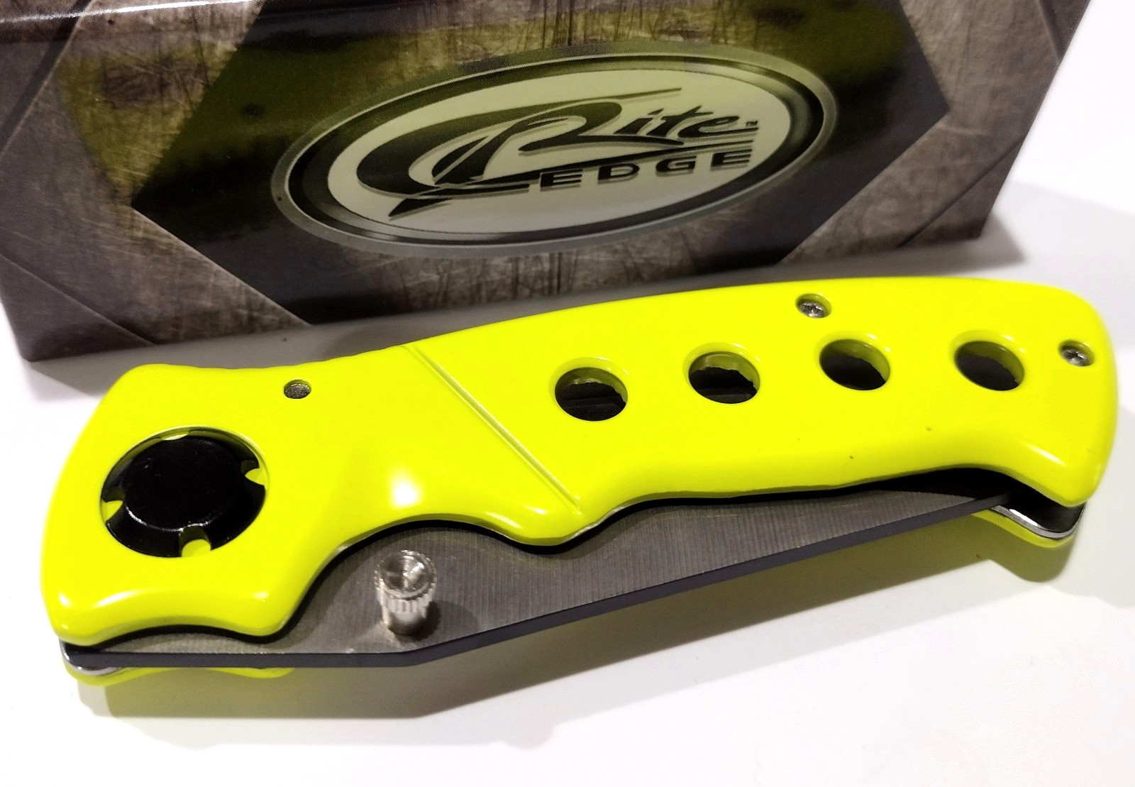 RITE-EDGE Hollow Neon Yellow Drop Point Blade Easy Open EDC Folding Pocket Knife