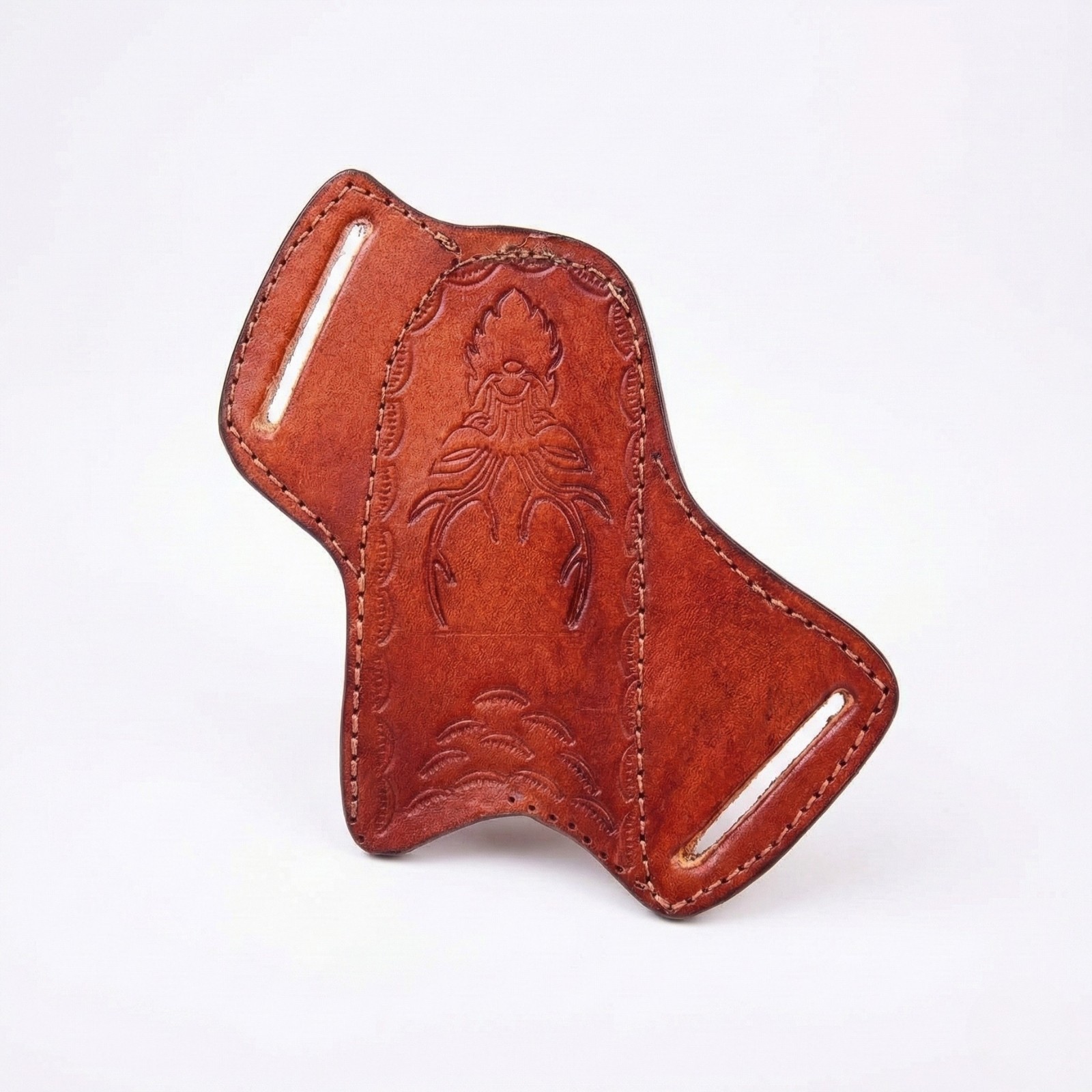 SK CUSTOMS Signature Leather Pancake Knife Sheath Hand-Tooled Stag Design Brown