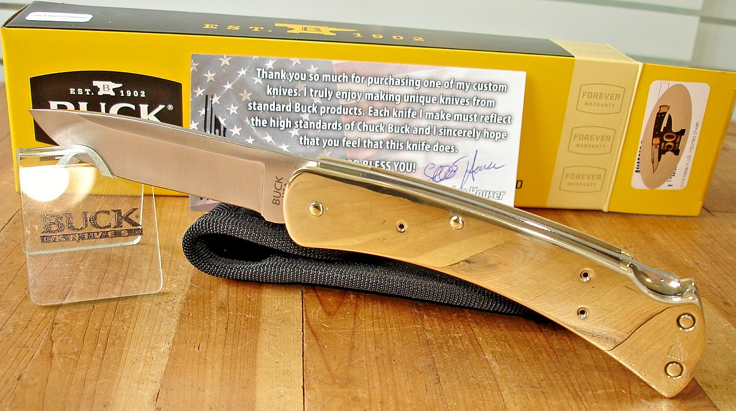 JOE HOUSER CUSTOM BUCK KNIFE 110 HUNTER BRASS INSIDE OUT DP 2024 BOS S30V BLADE
