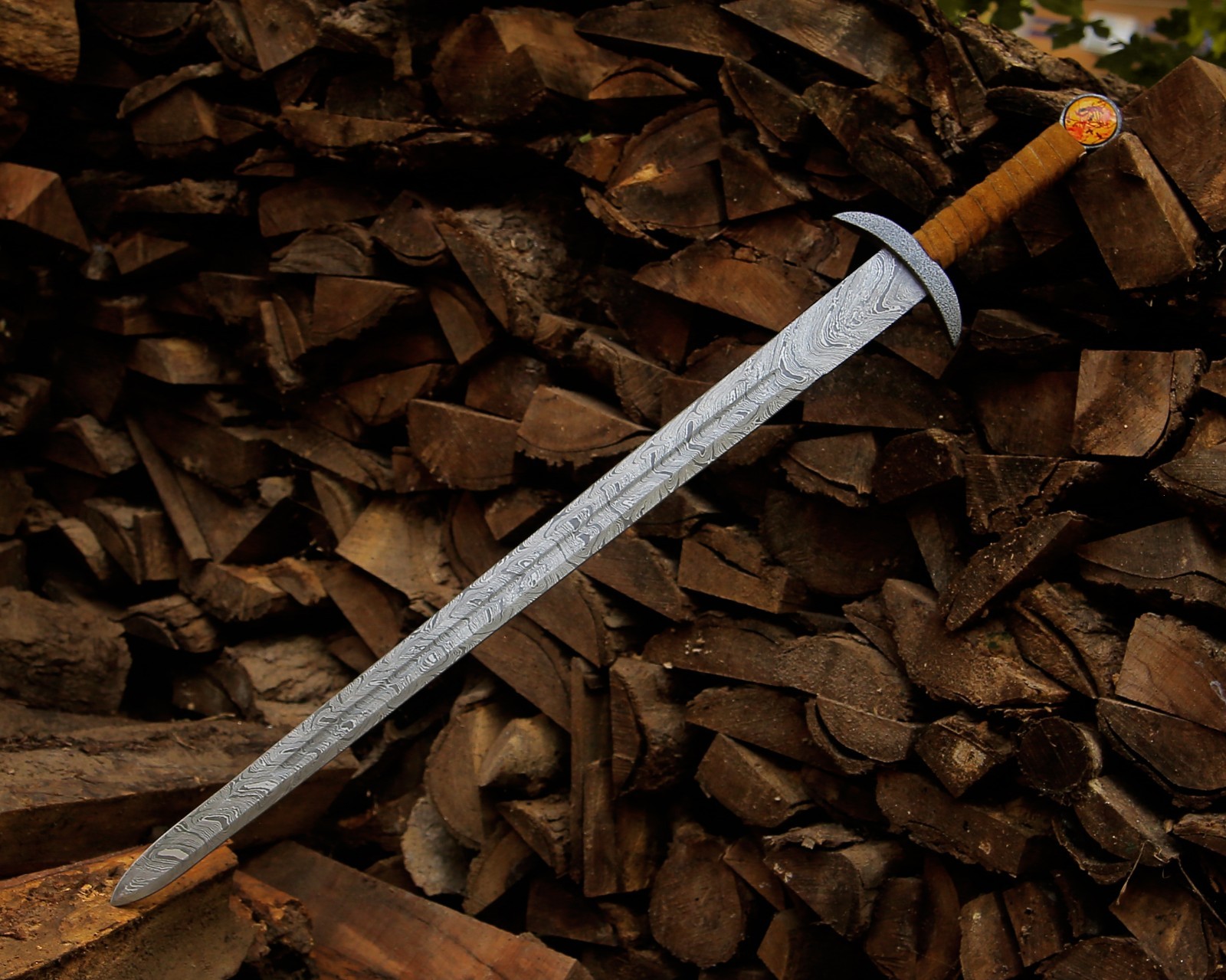 Hand Forged Damascus Steel Viking Sword w/ Leather Pouch Medieval Long Swords