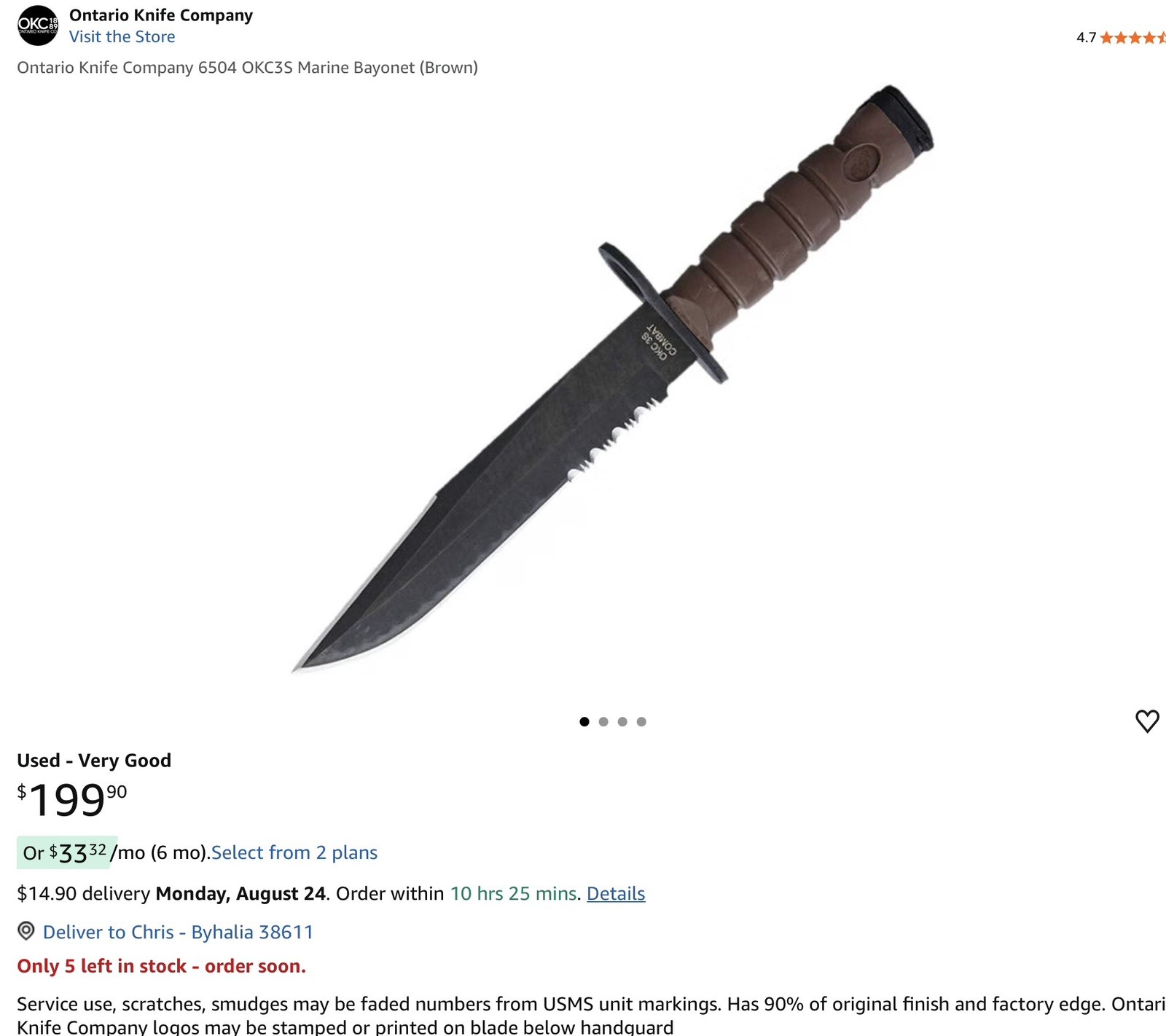 The Ontario OKC3S is the official combat knife and bayonet