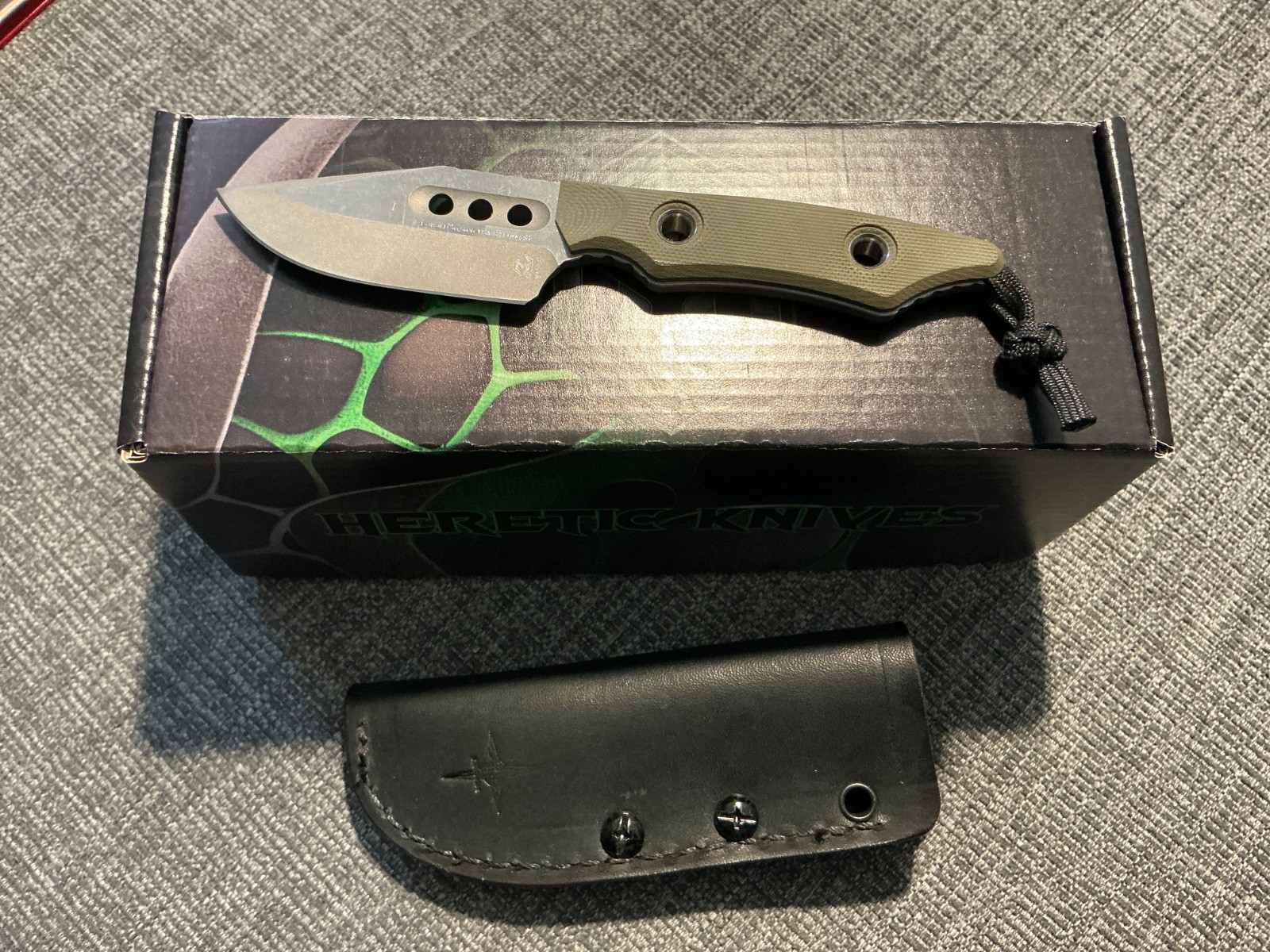 Heretic Knives Kobold Bowie BATTLEWORN Fixed Blade Knife OD GREEN G-10 (2.625)