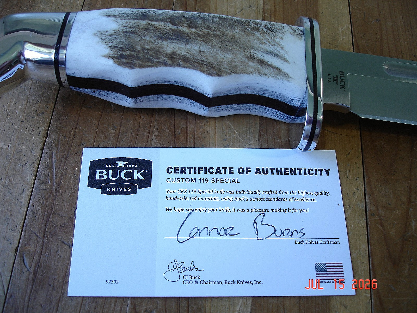 NIB BUCK KNIFE 119 CKS SPECIAL BOS MAGNACUT BLADE ELK ANTLER HANDLE BROWN SHEATH