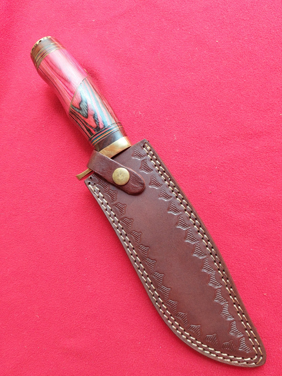 12.5″ Damascus Steel Hunting knife w/ Exotic Wood Grip & Leather Grip.