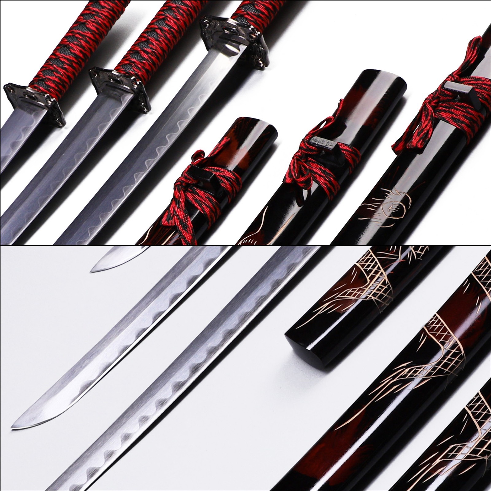 Three Piece Dark Red Samurai Sword Set, 1060 High Carbon Steel Katana Full Tang
