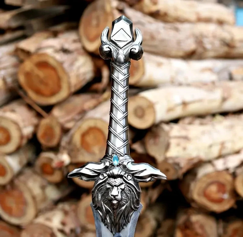 Lion Head Fantasy Sword Display Replica, Carbon Steel Blade, Wall Plaque Decor