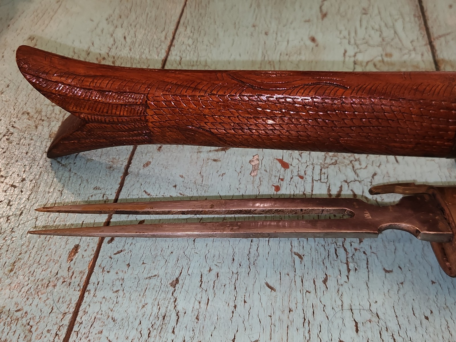 Carved Fish Knife Wood and Brass Vintage India