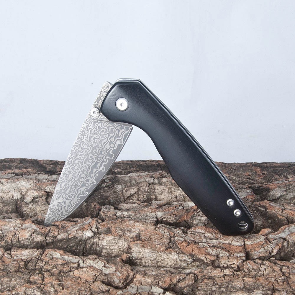 Folding Knife, Damascus Steel Blade, Wooden Handle, Camping Outdoor Pocket Knife