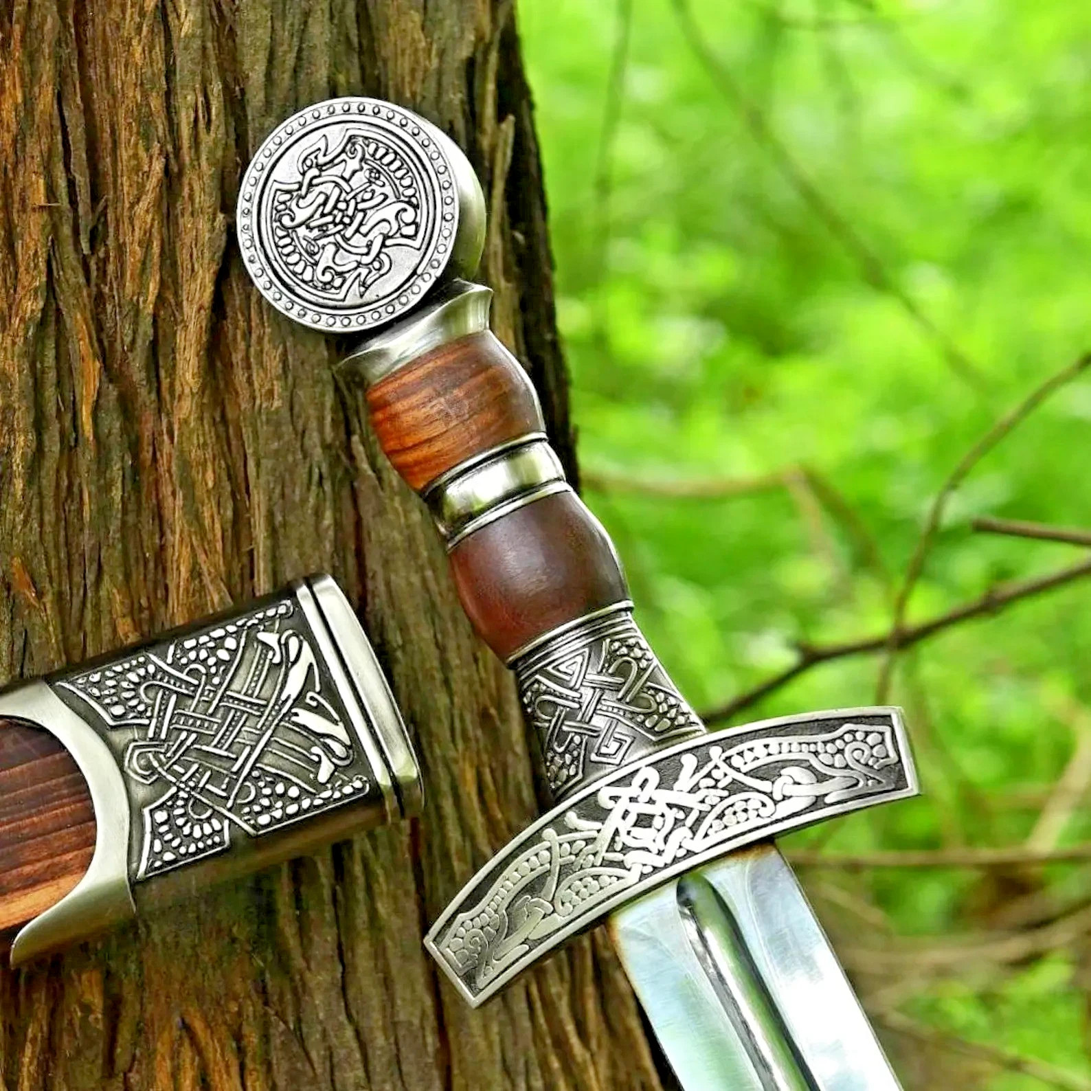 Hand-Forged Stainless Steel Viking Sword — Norse Longsword w/ Wooden Scabbard g