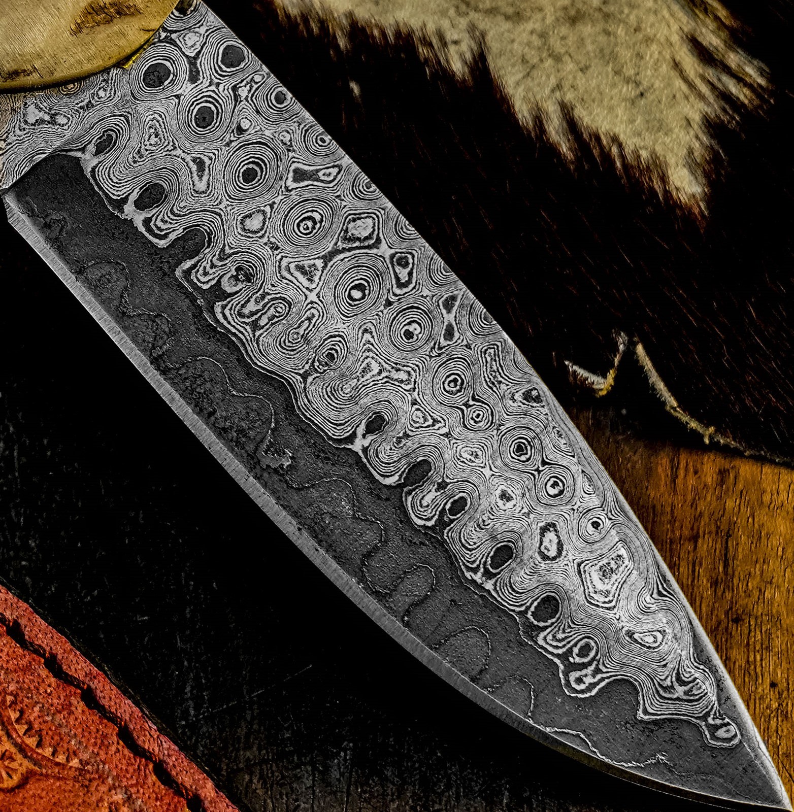 8.7″ Damascus Camping EDC Knife Full Tang Wood Handle Fix Blade + Sheath