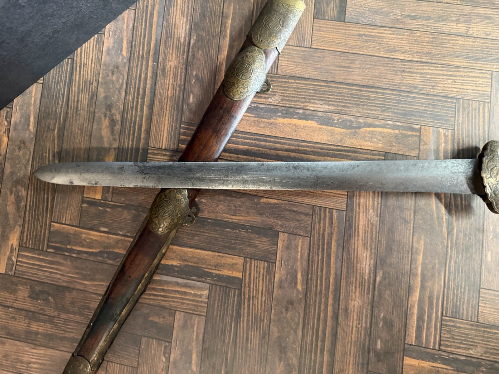 Antique Chinese Qing Era Jian Short Sword Fushou Brass Mounts 23.5in